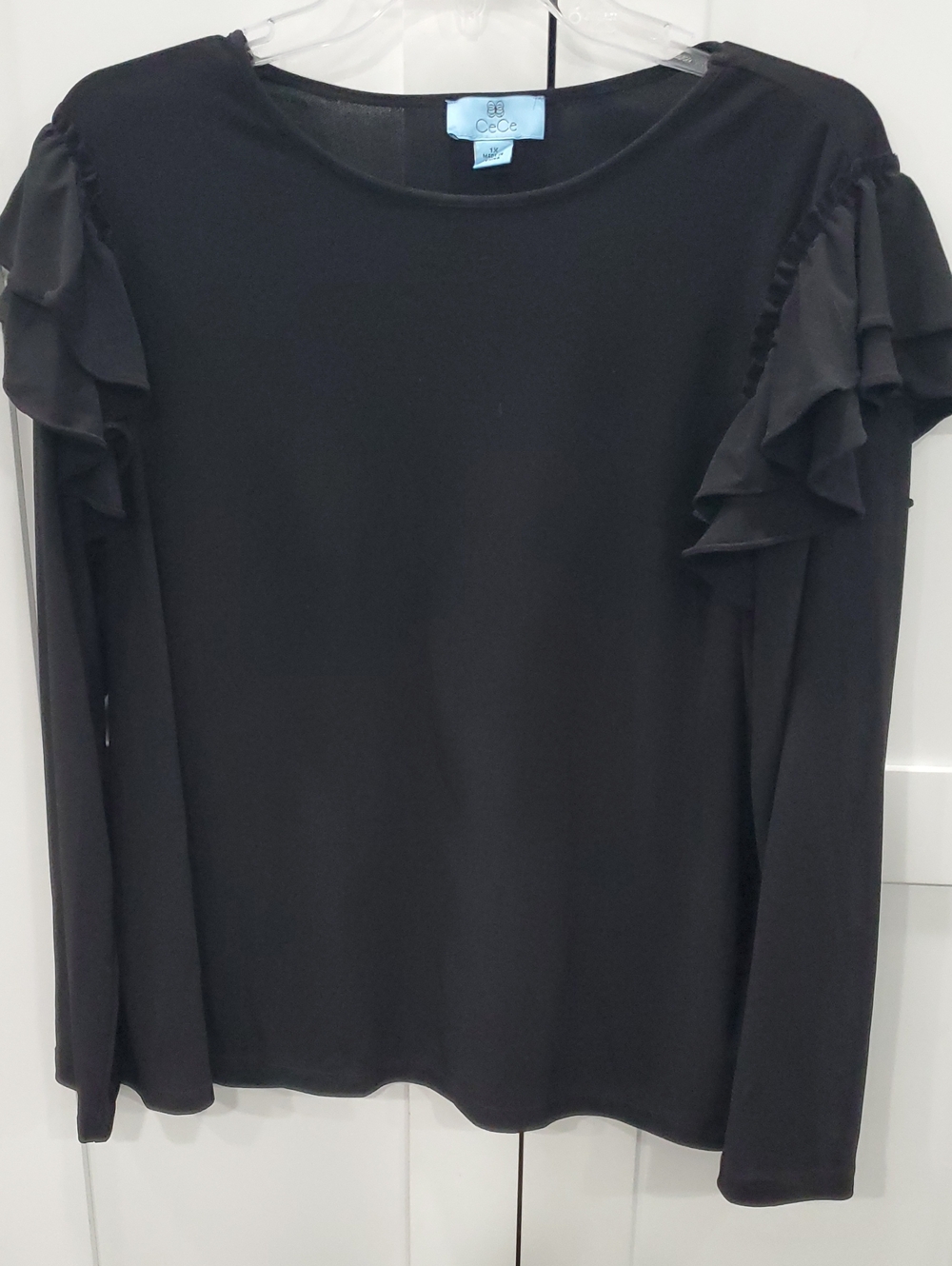 CeCe Black Ruffle Shoulder Long Sleeve Top